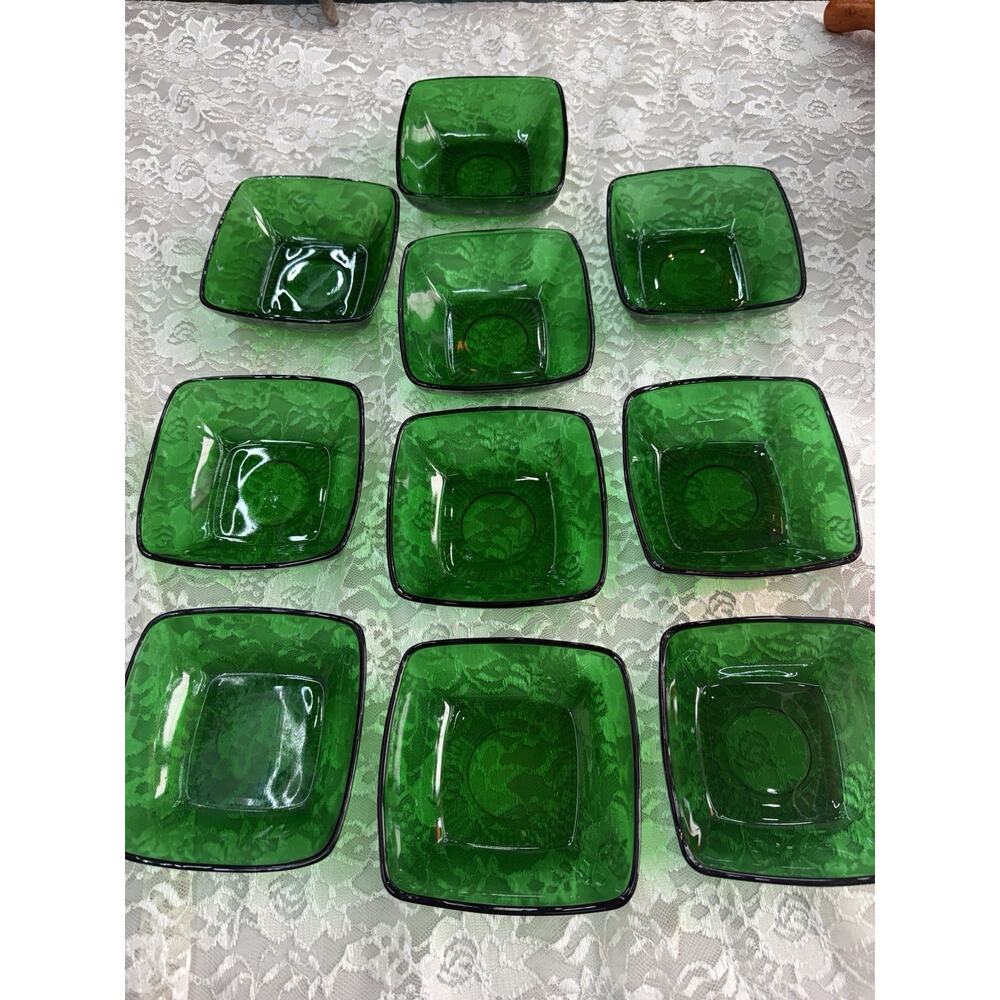 10 Vintage Anchor Hocking Glass Forest Green Charm Berry Bowls Set 4.75" Square